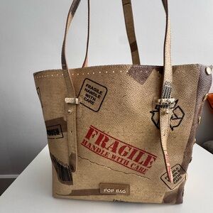 « Fragile Handle with Care » Tote bag - italien POP BAG ITALY - tan & leather